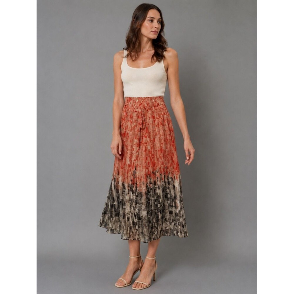 NIC+ZOE Maxi Skirt Size 4 Orange Abstract Print Tie Waist A-Line Lined